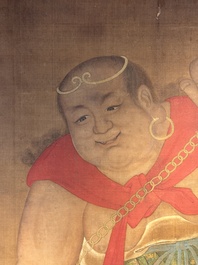 Chinese school: 'Deity and foo dog', ink and colour on silk, 16/17th C.