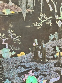A Chinese laque burgaut&eacute; and hongmu table screen, Qing
