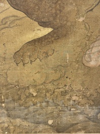 Chinese school: 'Deity and foo dog', ink and colour on silk, 16/17th C.