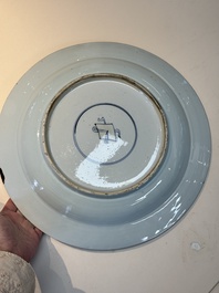 A Chinese famille verte powder-blue-ground 'landscape' dish, Kangxi