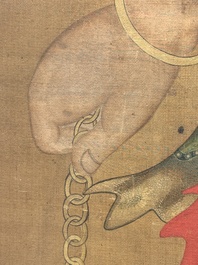 Chinese school: 'Deity and foo dog', ink and colour on silk, 16/17th C.
