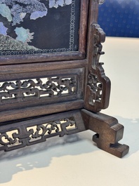 A Chinese laque burgaut&eacute; and hongmu table screen, Qing