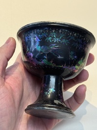 Five Chinese silver-lined laque burgaut&eacute; stem cups and a bowl, 18th C.