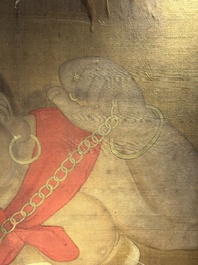 Chinese school: 'Deity and foo dog', ink and colour on silk, 16/17th C.