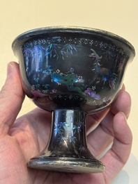 Five Chinese silver-lined laque burgaut&eacute; stem cups and a bowl, 18th C.
