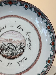 A pair of Chinese Dutch-decorated 'proverb' plates, 18th C.