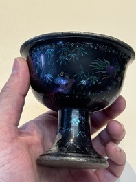 Five Chinese silver-lined laque burgaut&eacute; stem cups and a bowl, 18th C.