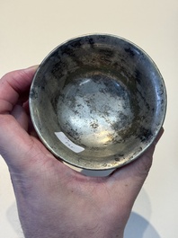 Five Chinese silver-lined laque burgaut&eacute; stem cups and a bowl, 18th C.
