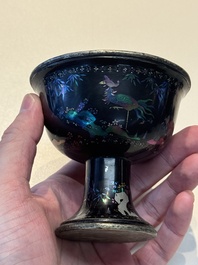 Five Chinese silver-lined laque burgaut&eacute; stem cups and a bowl, 18th C.