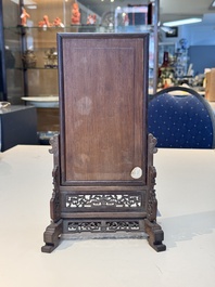 A Chinese laque burgaut&eacute; and hongmu table screen, Qing