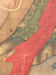 Chinese school: 'Deity and foo dog', ink and colour on silk, 16/17th C.