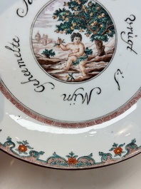 A pair of Chinese Dutch-decorated 'proverb' plates, 18th C.