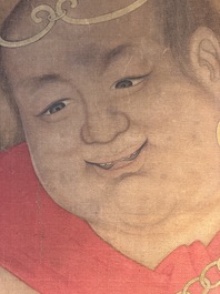 Chinese school: 'Deity and foo dog', ink and colour on silk, 16/17th C.