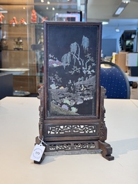 A Chinese laque burgaut&eacute; and hongmu table screen, Qing