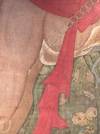 Chinese school: 'Deity and foo dog', ink and colour on silk, 16/17th C.