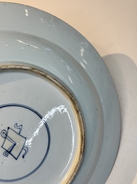 A Chinese famille verte powder-blue-ground 'landscape' dish, Kangxi