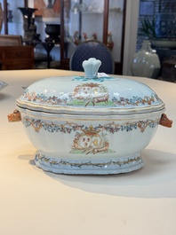 A Chinese famille rose armorial covered tureen, stand and serving dish with the arms of Visdelou for the French market, Qianlong, ca. 1765
