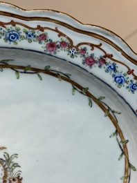 A Chinese famille rose armorial covered tureen, stand and serving dish with the arms of Visdelou for the French market, Qianlong, ca. 1765