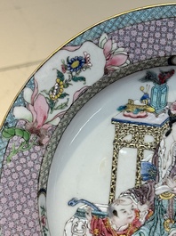 An extremely fine pair of Chinese famille rose ruby-back eggshell plates with a lady and playing boys, Yongzheng