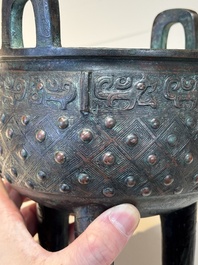 A Chinese archaic bronze ritual tripod food vessel, 'ding 鼎', Western Zhou
