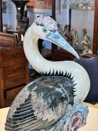 A rare and large Chinese polychrome-glazed crane on a rock, 18/19th C.