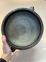 A Chinese archaistic bronze censer with 'chilong' and 'lingzhi' handles on wooden stand, Zhou Wang Bo Zuo Bao Ding 周王伯作寶鼎 mark, Yuan/Ming