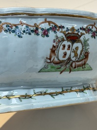 A Chinese famille rose armorial covered tureen, stand and serving dish with the arms of Visdelou for the French market, Qianlong, ca. 1765