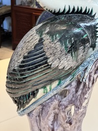 A rare and large Chinese polychrome-glazed crane on a rock, 18/19th C.