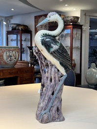 A rare and large Chinese polychrome-glazed crane on a rock, 18/19th C.