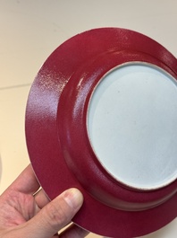 An extremely fine pair of Chinese famille rose ruby-back eggshell plates with a lady and playing boys, Yongzheng