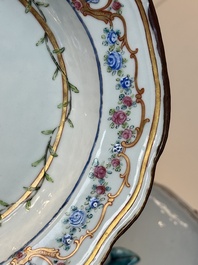 A Chinese famille rose armorial covered tureen, stand and serving dish with the arms of Visdelou for the French market, Qianlong, ca. 1765