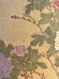 In the manner of Yun Shouping 惲壽平 (1633-1690):'Pheasant and peonies', ink and colour on silk