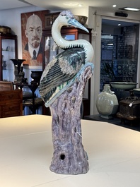 A rare and large Chinese polychrome-glazed crane on a rock, 18/19th C.