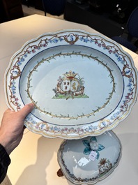 A Chinese famille rose armorial covered tureen, stand and serving dish with the arms of Visdelou for the French market, Qianlong, ca. 1765