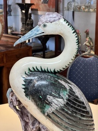 A rare and large Chinese polychrome-glazed crane on a rock, 18/19th C.