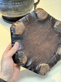 A Chinese archaistic bronze censer with 'chilong' and 'lingzhi' handles on wooden stand, Zhou Wang Bo Zuo Bao Ding 周王伯作寶鼎 mark, Yuan/Ming