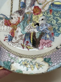 An extremely fine pair of Chinese famille rose ruby-back eggshell plates with a lady and playing boys, Yongzheng