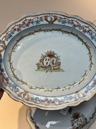 A Chinese famille rose armorial covered tureen, stand and serving dish with the arms of Visdelou for the French market, Qianlong, ca. 1765