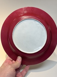 An extremely fine pair of Chinese famille rose ruby-back eggshell plates with a lady and playing boys, Yongzheng