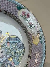 An extremely fine pair of Chinese famille rose ruby-back eggshell plates with a lady and playing boys, Yongzheng