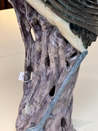 A rare and large Chinese polychrome-glazed crane on a rock, 18/19th C.