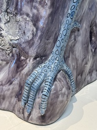 A rare and large Chinese polychrome-glazed crane on a rock, 18/19th C.