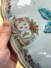 A Chinese famille rose armorial covered tureen, stand and serving dish with the arms of Visdelou for the French market, Qianlong, ca. 1765