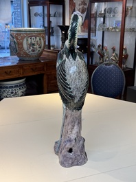 A rare and large Chinese polychrome-glazed crane on a rock, 18/19th C.