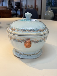 A Chinese famille rose armorial covered tureen, stand and serving dish with the arms of Visdelou for the French market, Qianlong, ca. 1765