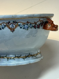 A Chinese famille rose armorial covered tureen, stand and serving dish with the arms of Visdelou for the French market, Qianlong, ca. 1765