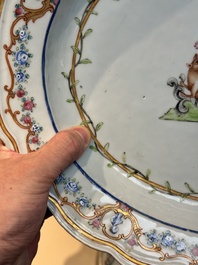 A Chinese famille rose armorial covered tureen, stand and serving dish with the arms of Visdelou for the French market, Qianlong, ca. 1765