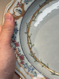 A Chinese famille rose armorial covered tureen, stand and serving dish with the arms of Visdelou for the French market, Qianlong, ca. 1765