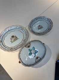 A Chinese famille rose armorial covered tureen, stand and serving dish with the arms of Visdelou for the French market, Qianlong, ca. 1765