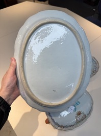 A Chinese famille rose armorial covered tureen, stand and serving dish with the arms of Visdelou for the French market, Qianlong, ca. 1765